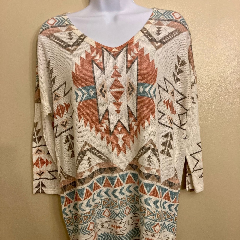 Charming Charlie SouthWest Themed Woven Tunic Blouse with 3/4 sleeves
